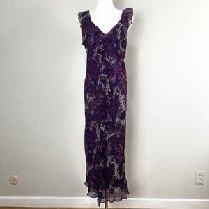 Lena Medoyeff Maxi Dress 100%‎ Silk Purple Paisley V-Neck Ruffle Layered Size 6